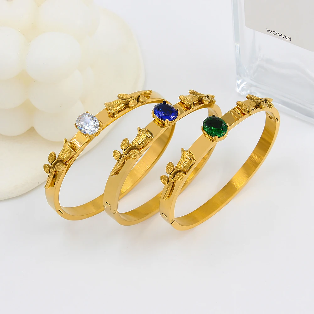 

Женский браслет из нержавеющей стали с цирконами, браслет золотого цвета с розовым цветком, ювелирные украшения в подарок