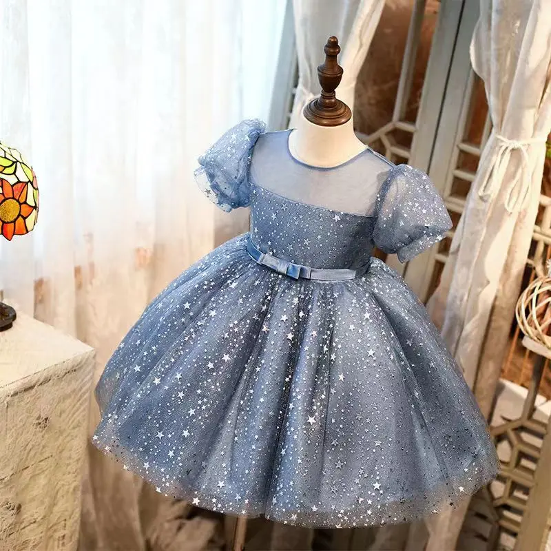 

Kids Girls Spring Childrens Dress Flower Girl Wedding Ponchy Dress Girls Birthday Princess DressFirst Year Party White Dress