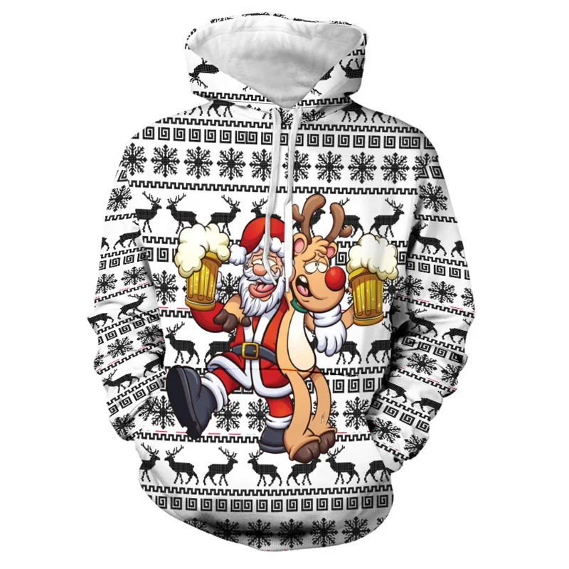 3D Printed Santa Claus Deer Beer Hoodies For Men Christmas Pattern Pullovers Casual Hooded Long Sleeves Sweatshirts Loose Tops