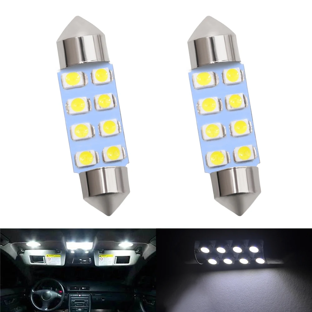 

2x Car Led 3528 1210 White 8SMD Light Dome Festoon Interior Lights Bulbs 31mm 39mm 41mm Car Trunk Light DC 12V Car Reading Light