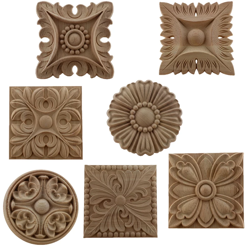 

Wood Applique Wood Figurines Wood Decal Onlay Unpainted Customized Unique Square Wooden Furniture Decoration Accessories