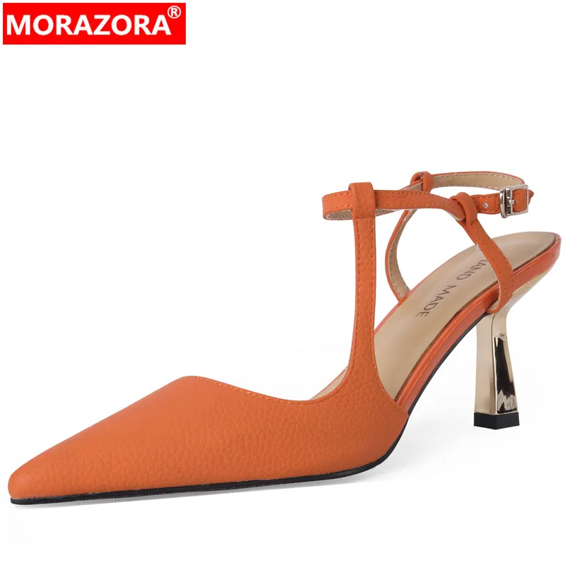 

MORAZORA 2023 New Size 33-42 Ladies Rear Strap Slingbacks Shoes Genuine Leather Buckle Sandals Woman Thin High Heels Sandals