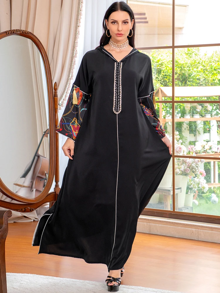 

Diamonds Djellaba Moroccan Caftan Party Women Jalabiya Muslim Hooded Abaya African Gandoura Tassels Long Arabic Dress Evening