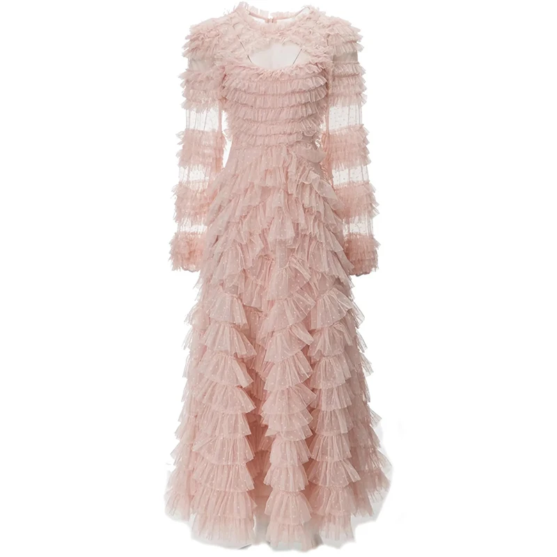 

Женское Сетчатое платье в горошек, Осеннее винтажное длинное платье с круглым вырезом, рукавами-фонариками, оборками и высокой талией