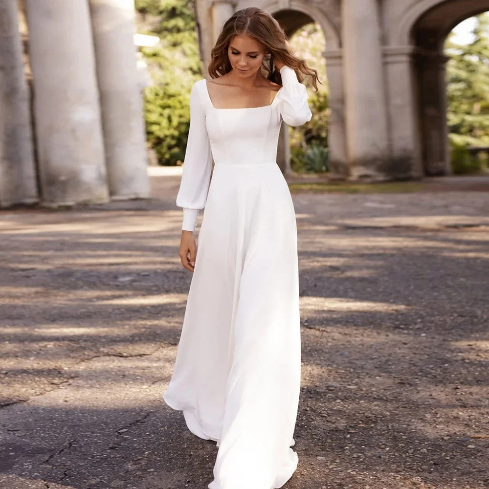 

Simple A line satin long sleeves plain square collar lady wedding bride custom wedding dress romantic wedding Vestidos de novia