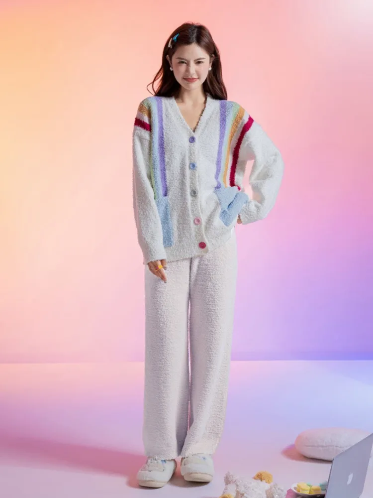 

[TXii ]Rainbow Striped Soft Half-side Velvet Pajamas Women's Autumn and Winter Coral Velvet V-neck Cardigan Home Clothes