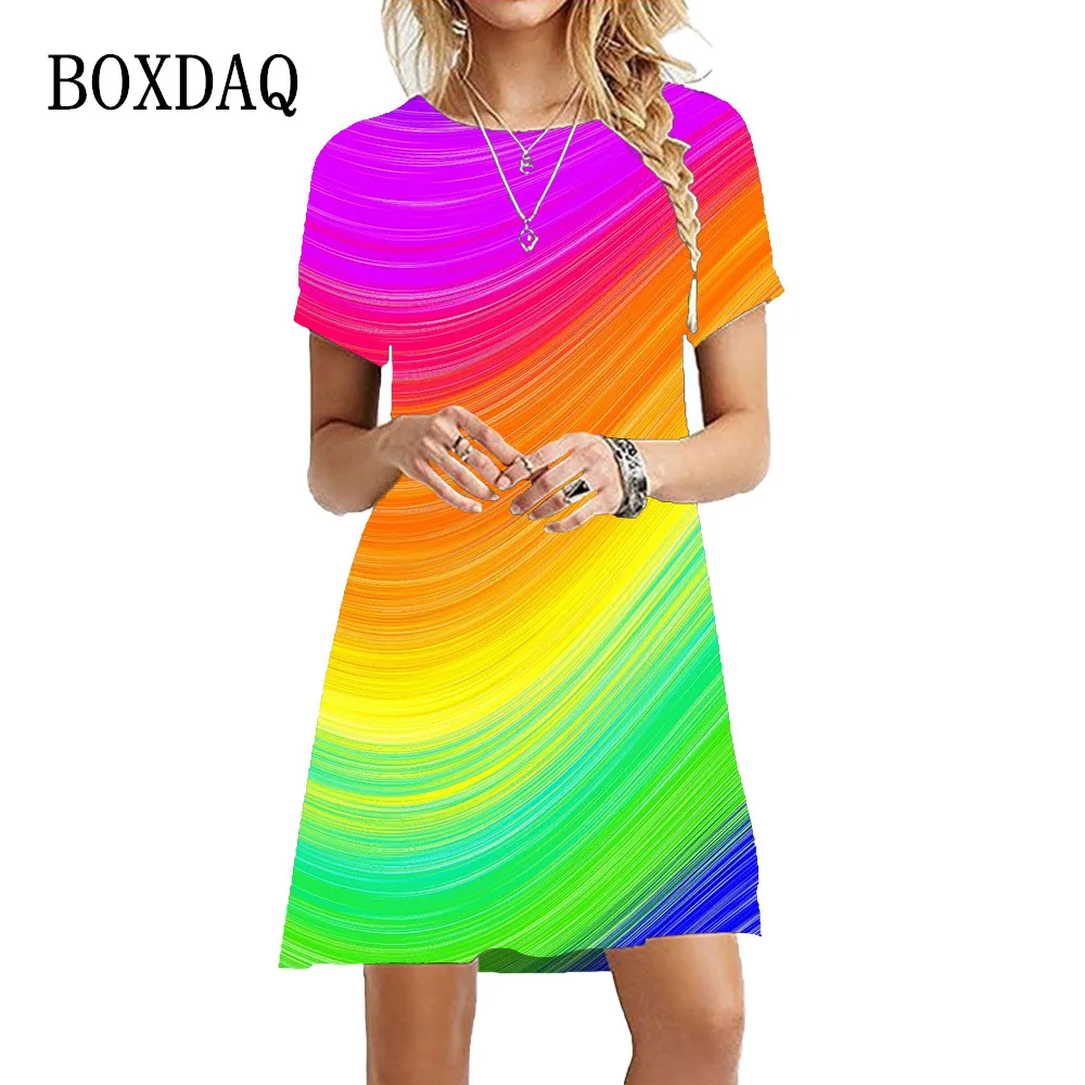 

2023 Hot Sale New Women Pattern Abstract Dresses Candy Color 3D Print Short Sleeve Dress Summer Fashion Casual Loose Mini Dress