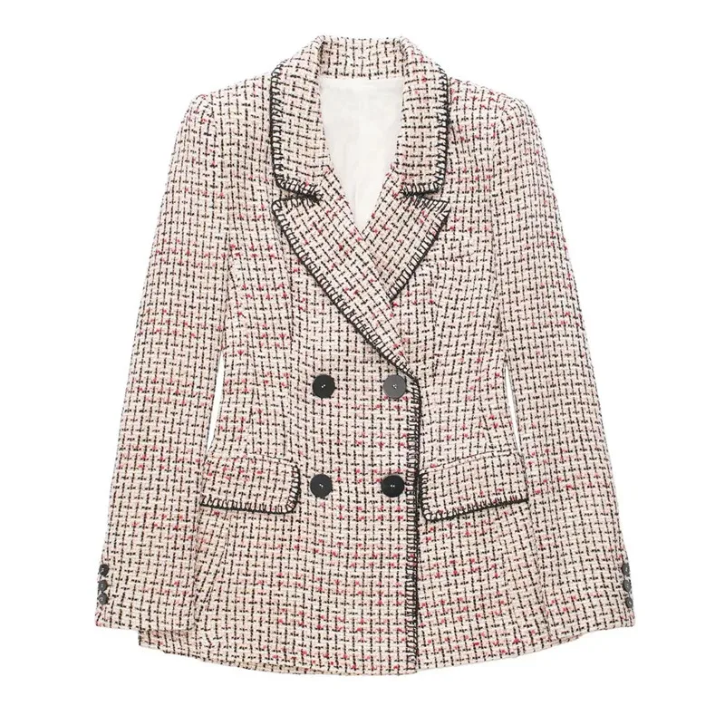 

ZA 2022 Ladies Fashion Blazer Textured Coat Double Breasted Long Sleeve Pocket Blazer Women Commuter Casual Office Clothing