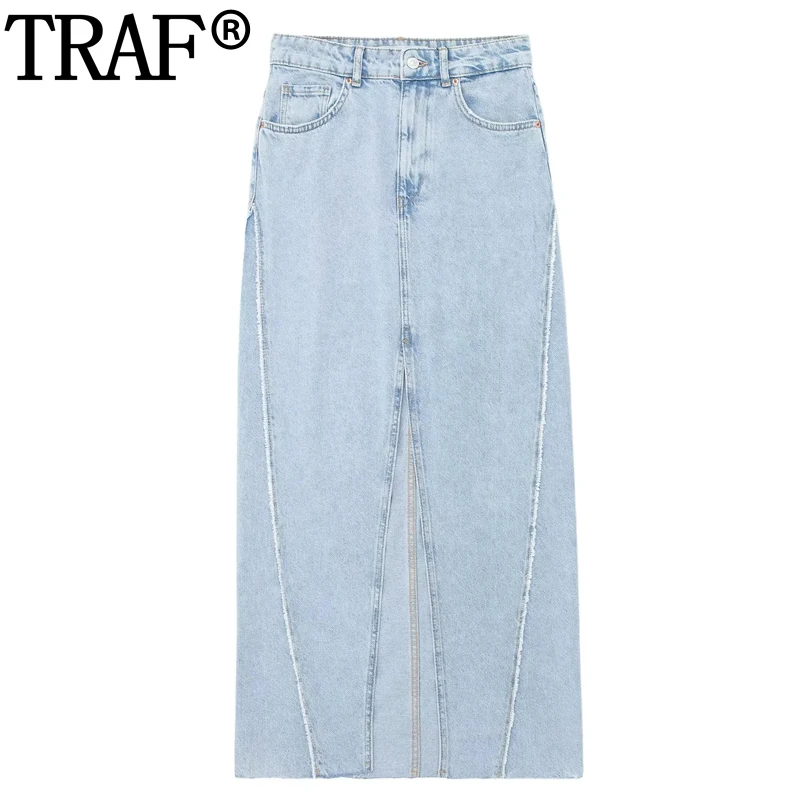 

TRAF 2023 Blue Long Denim Skirt Women High Waist Jeans Midi Skirt Streetwear Frayed Summer Women's Skirts Fashion Slit Skirt