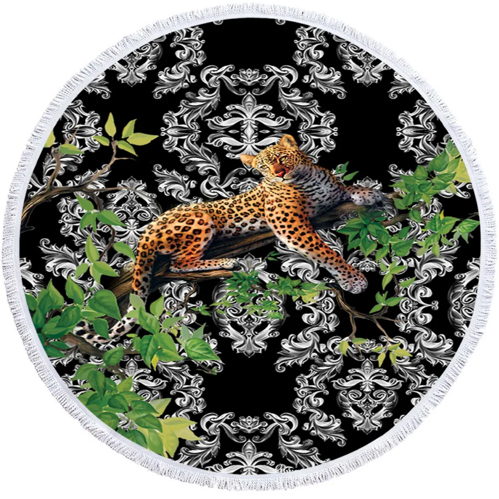 

Tropical Plants Summer Round Beach Towels Tiger Bath Shower Towels Yoga Mat with Tassels Jaguar Beach Towels
