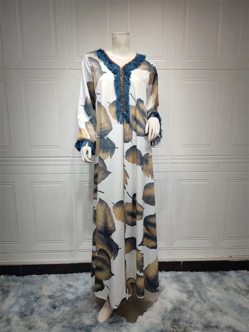 Moroccan Jalabiyas Fashion Big Leaf Print Muslim Rhinestone Tassel Tape Trim Dubai Turkey Abaya Dress Corban Eid Al Adha 2023