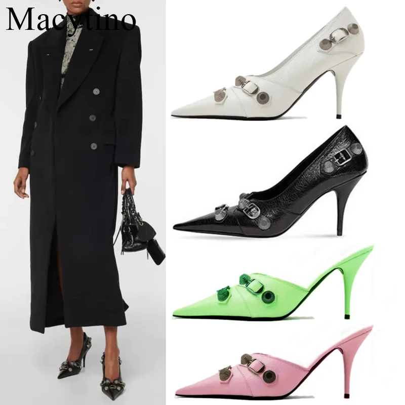 

Туфли-лодочки женские на высоком тонком каблуке, профессиональные пикантные остроносые, с металлическими заклепками, черные, зеленые, розо...