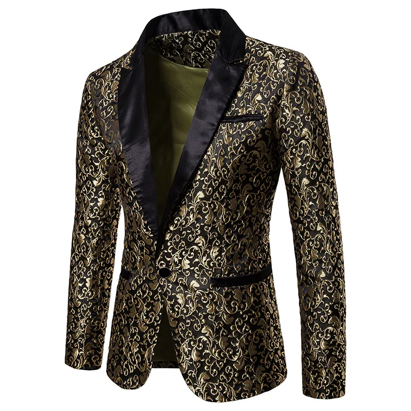 

Luxury Gold Jacquard Floral Blazer Men 2022 Brand New Slim Fit Single Button Blazer Jacket Mens Party Stage Singer Costume Homme