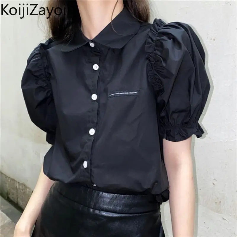 

Женская Однотонная рубашка с коротким рукавом и буффами Koijizayoi, модная летняя блузка, однобортные корейские блузы, новинка 2022, облегающие то...