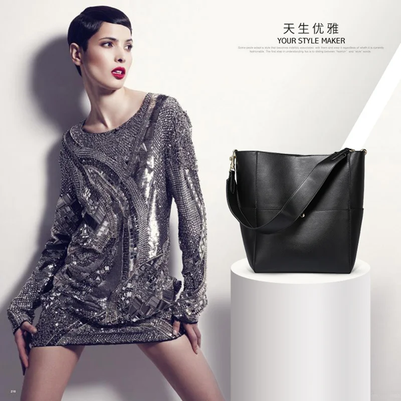 2022 new leather women's bag bucket bag retro large bag diagonal bag summer fashion elegant leisure large capacity W516