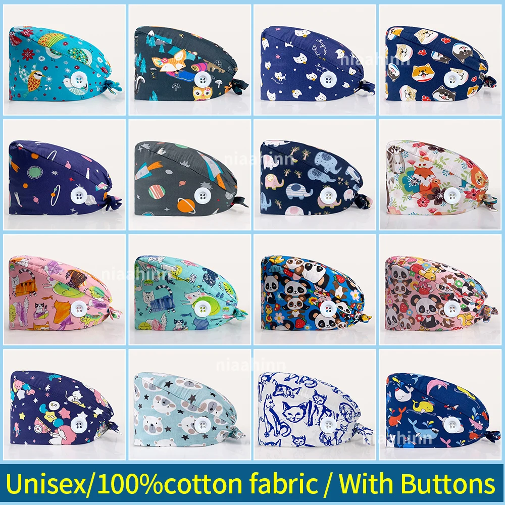 

Pet Hospital Dust-proof Scrub Cap Animal Printing Scrubs Hats Unisex Lab Dustproof Caps Cotton Meidcal Accessories Surgical Hats