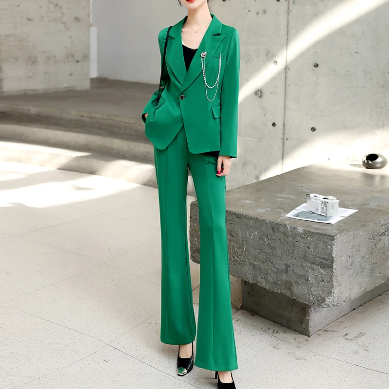 

Женский облегающий Блейзер и куртки, повседневный офисный костюм с отложным воротником и длинным рукавом, женский свободный комплект из двух предметов с расклешенными брюками