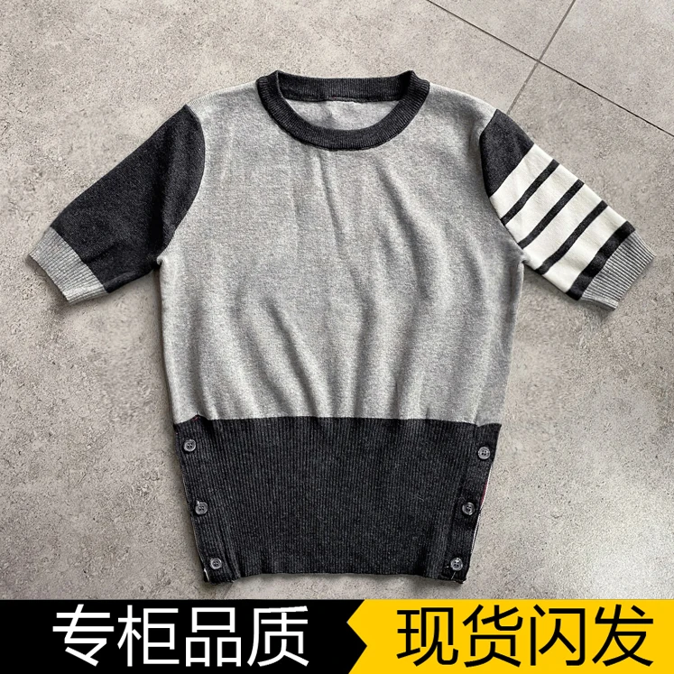 

TB short-sleeved knitted sweater women's T-shirt slim pullover round neck spring and summer thin color matching four bars thin