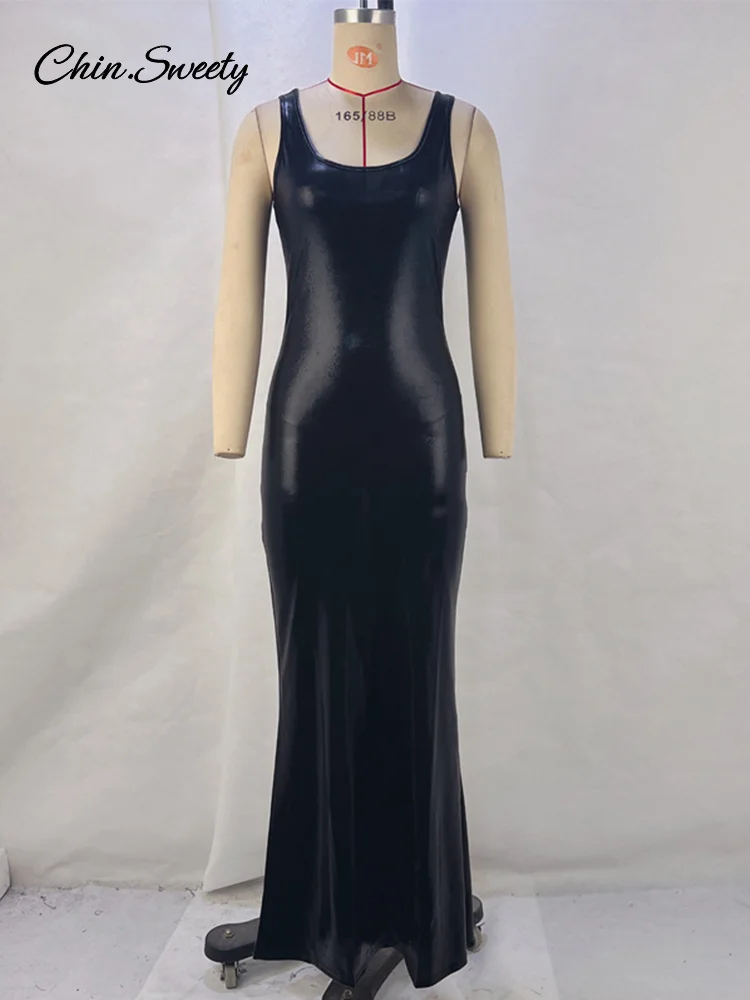 Сексуальное кожаное платье макси женское без рукавов с квадратным воротником и