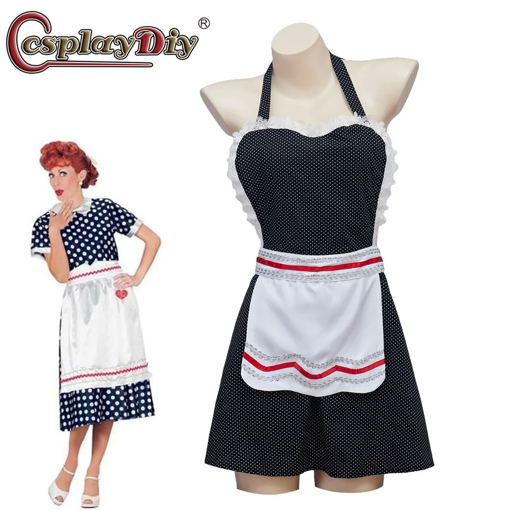 Cosplaydiy Movie I love Lucy Costume Apron Classic polka dot pattern Maid apron Dress Retro Ruffle Side Vintage Cooking Aprons
