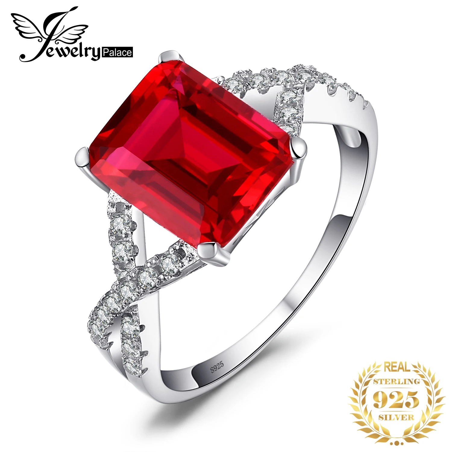 

JewelryPalace 4.1ct Created Red Ruby 925 sterling Silver Wedding Engagement Promise Ring for Women Party Jewelry New Arrival
