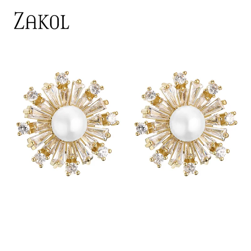 

ZAKOL новые изысканные серьги-гвоздики с фианитом и искусственным жемчугом в виде снежинки для женщин, модные вечерние серьги на день рождени...