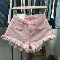 pink tassel denim shorts womens 2022 spring and summer new high waist thin raw edge hot pants shorts