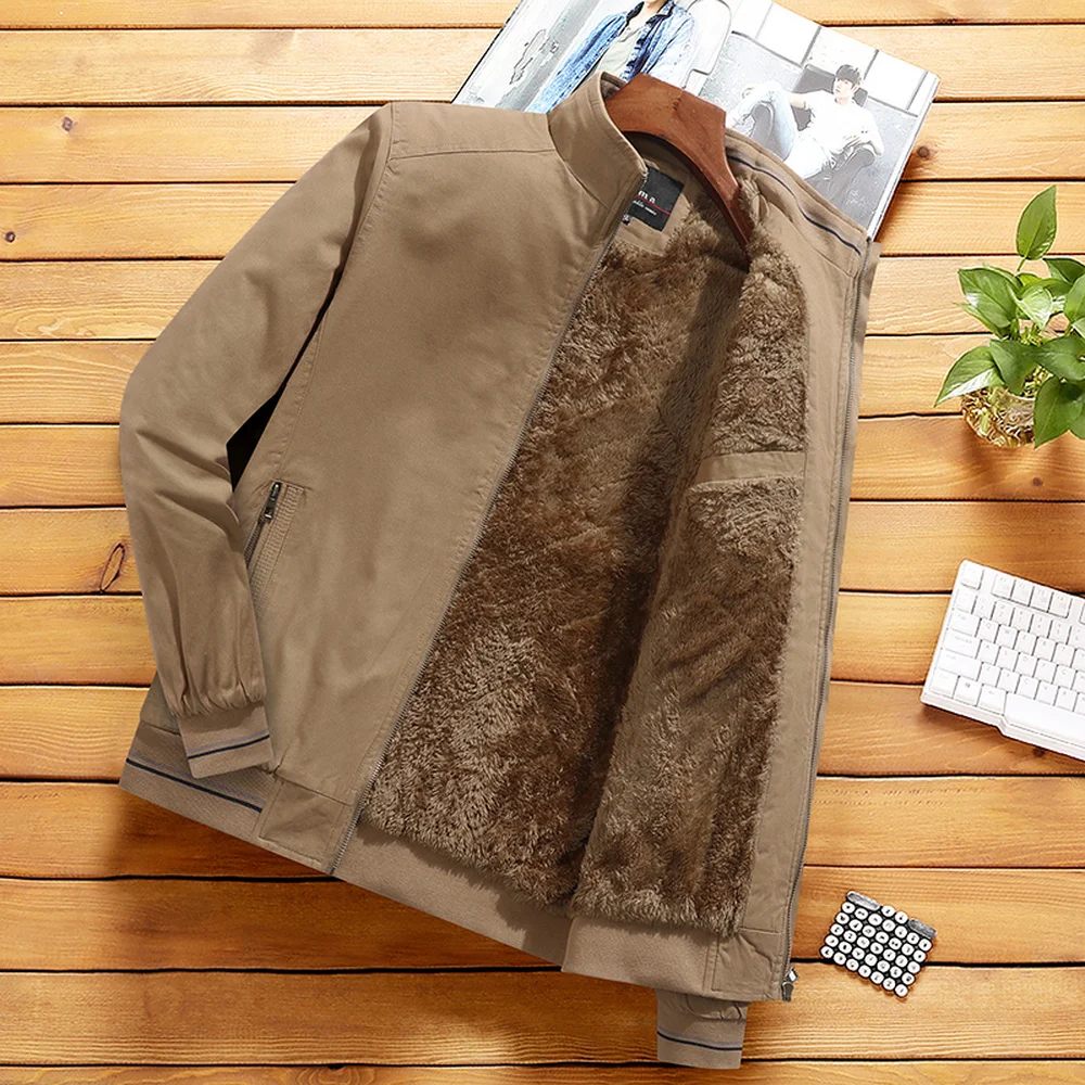 

Khaki Jacket Men Fashion Clothing Stand Collar Fleece Lined Warm Coat Men Streetwear Casual Jacket Fur Lined Warm Coats Men
