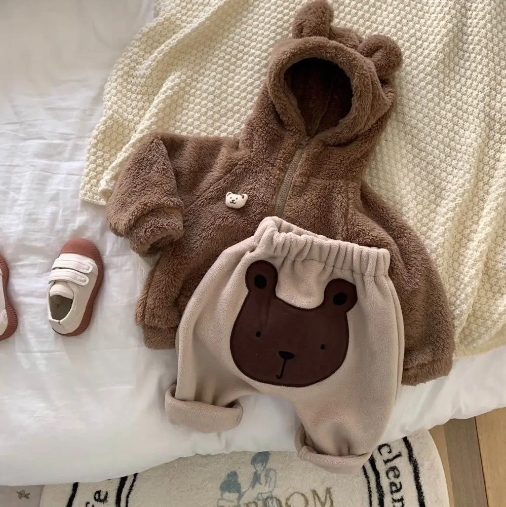 

Autumn Winter Warm Baby Clothes Set Newborn Boy Girl Cute Bear Hooded Cartoon Coat + Pants 2pcs Outfits Kids Infant Clothing