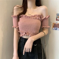 one shoulder short sleeved knitted sweater thin womens summer 2022 new korean style slim short pullover bottoming top