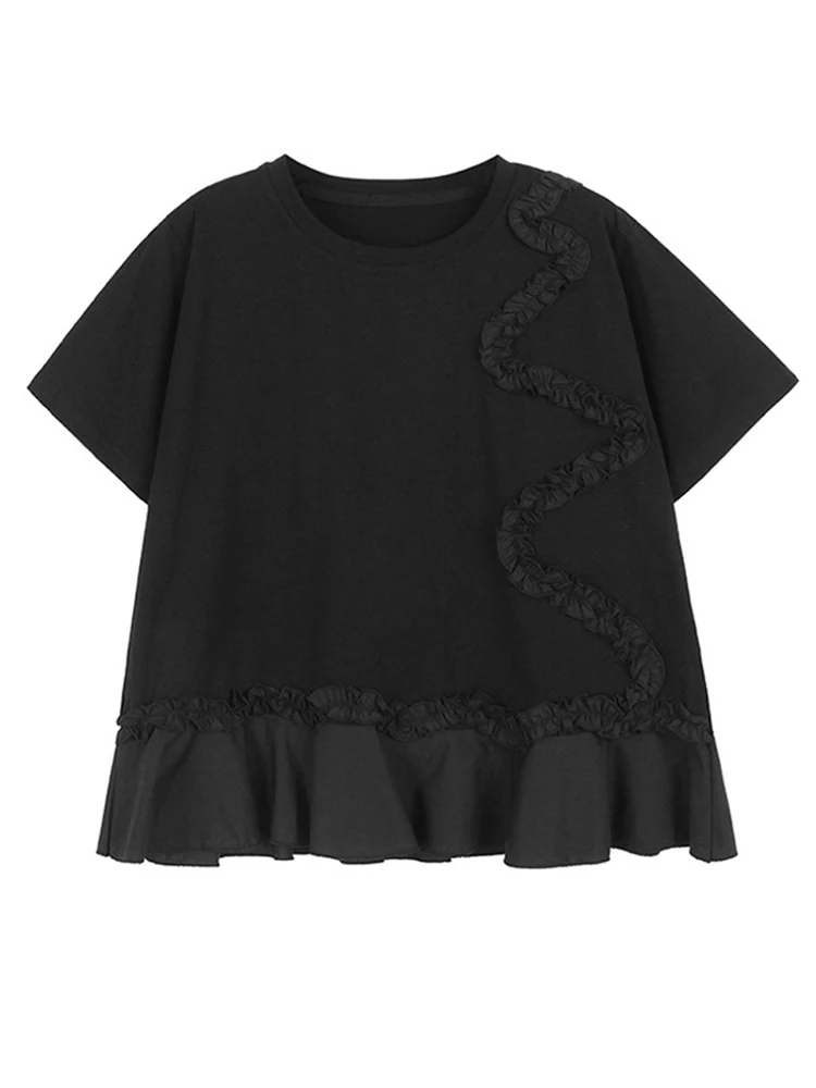 

Женская футболка с оборками на подоле, черная Повседневная футболка большого размера с круглым вырезом и коротким рукавом, новинка весны-лета 2023, M399