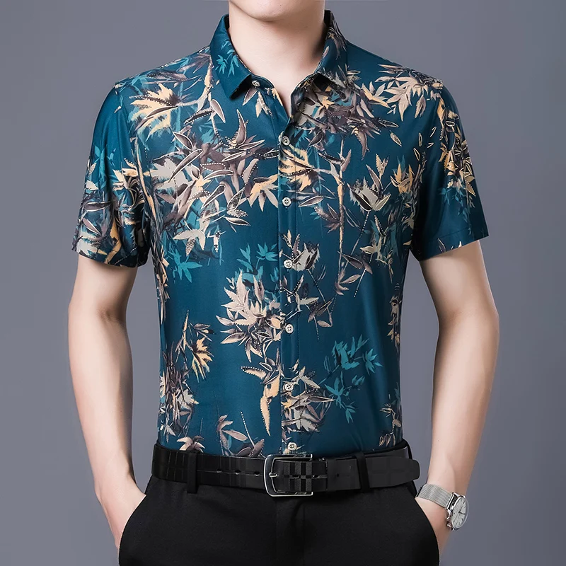 

Vintage Printed Men's Shirts Summer Short Sleeve Cotton Business Formal Dress Shirt Slim Fit Casual Social Party Tuxedo Blouse