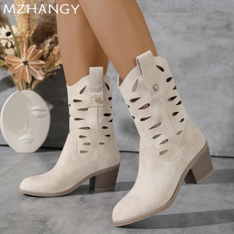 Женские кожаные полые зимние ботинки на среднем каблуке туфли до середины икры