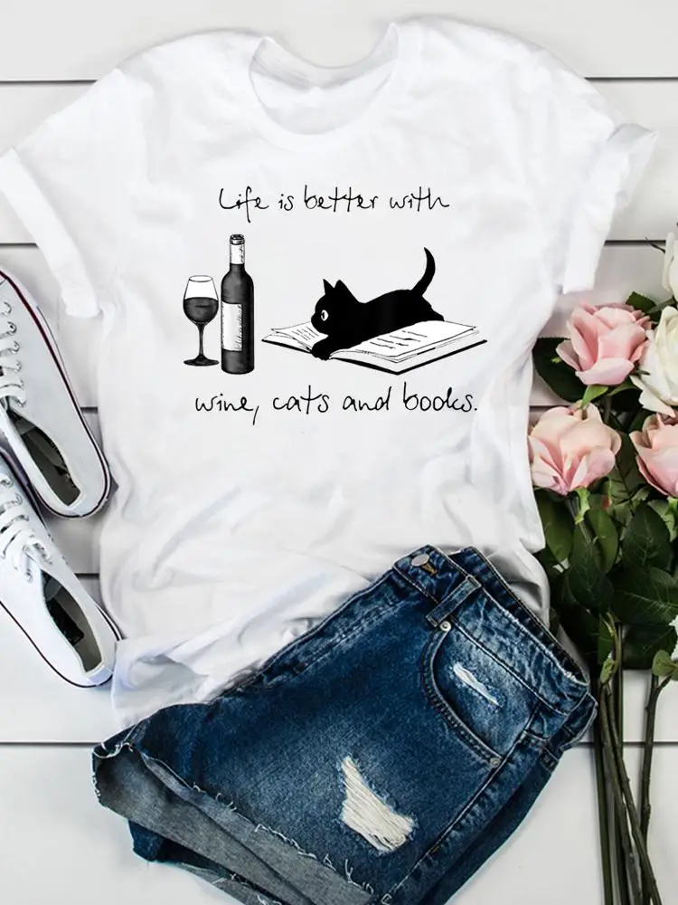 

Женская летняя одежда, модная одежда, футболка с коротким рукавом и принтом кошки, винного цвета, трендовая Милая футболка с графическим рис...