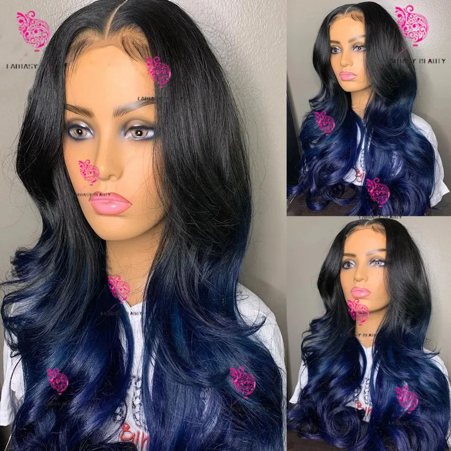 Синий женский парик с эффектом омбре волнистый удобный без клея 100% натуральные