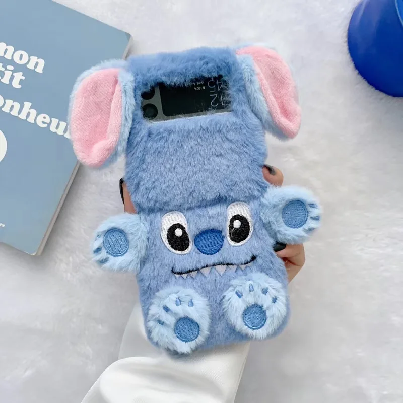 

3D Cartoon Disney Stitch Blue Plush Phone Case for Samsung Galaxy Cover ZFlip3 ZFlip4 5G Anti-fall Back Cover Gift