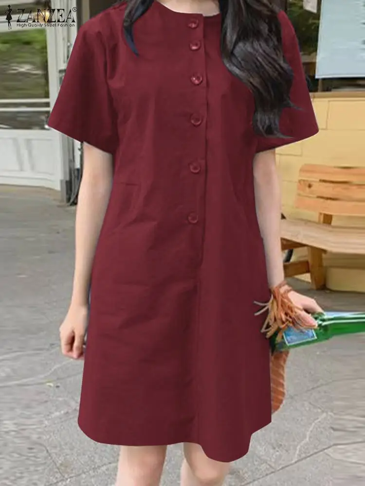 

Платье ZANZEA женское до колен, повседневный Однотонный сарафан с коротким рукавом и круглым вырезом, на пуговицах, в стиле оверсайз, на лето