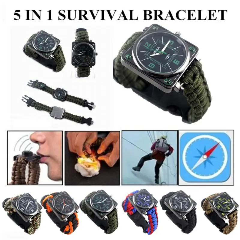 

Multifunction Emergency Rescue Whistle Compass Braided Umbrella Rope Watch Survival Bracelet