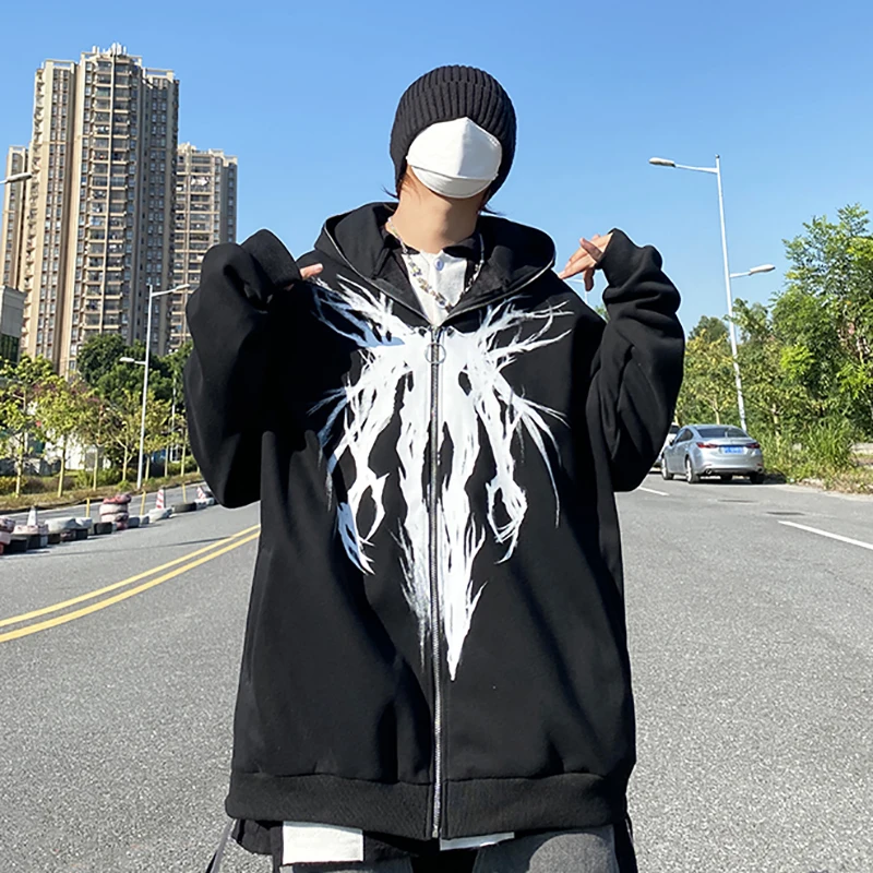 

2022 Punk Print Zip Hoodies Men And Woman Casual Ribbon Hooded Sweatshirt Y2K Grunge Gothic Long Sleeve Oversized Hoodie Jacket