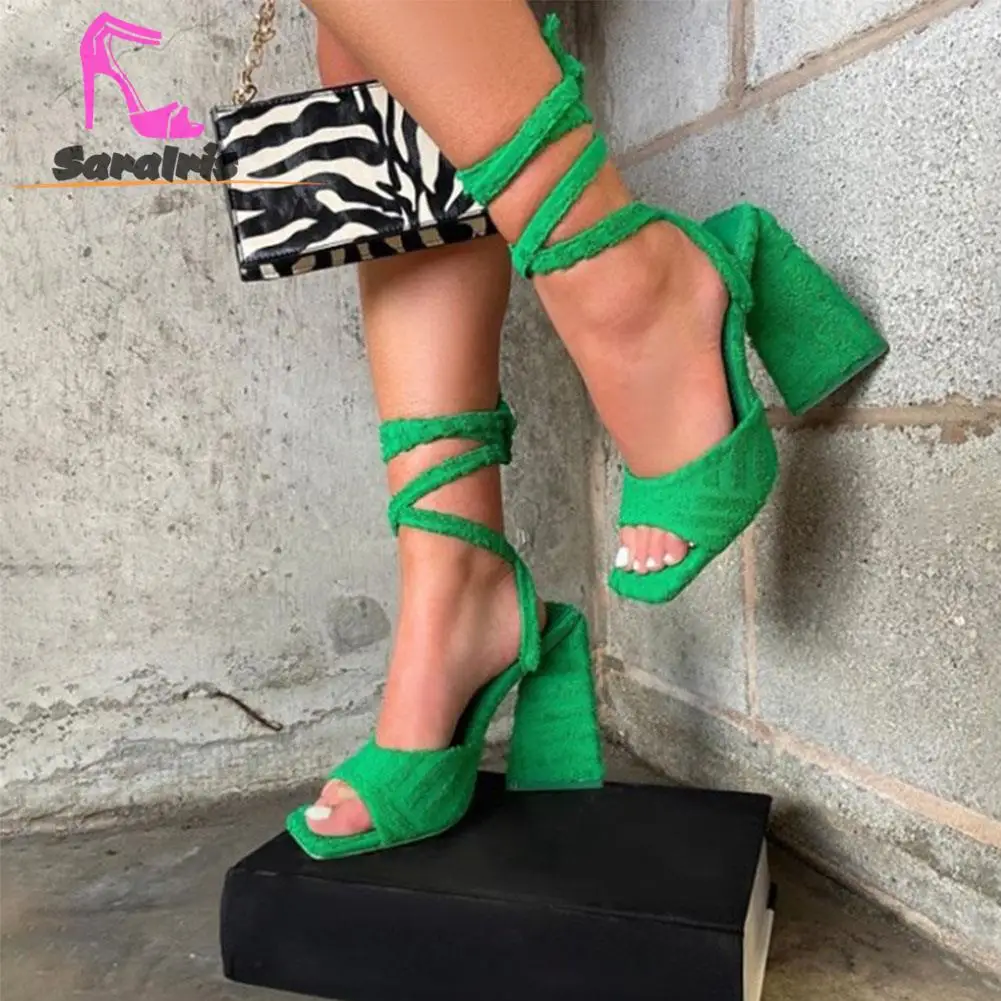 Solid Ankle Strap Sandals 2023 European Style Sexy Thick Heels Sandals Summer Towel Square Toe Element Brand Design Party Shoes
