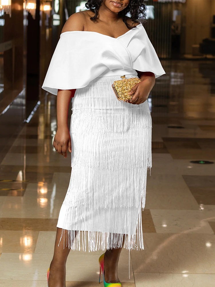 Plus Size Birthday Maxi Dress For Women Clothing 2023 Summer Off Shoulder Tassel Club Party Evening Dresses Robe Vestidos festa