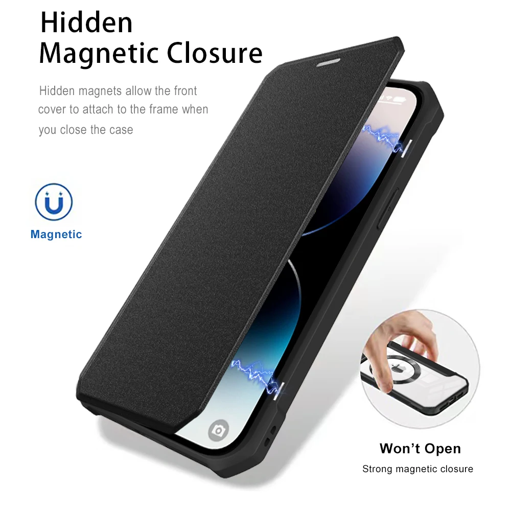 

For iPhone 14 13 12 11 Pro Max 14 Plus Wireless Charge Flip Leather Magnetic Shockproof Slot Hard PC Back Cover phone Case