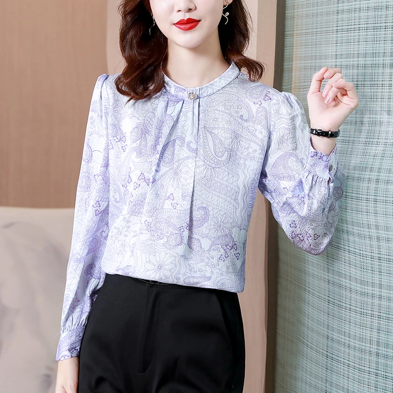 

Summer Satin Loose Women's Shirt New Fashion Blouses Casual Long Sleeve Printing Autumn Houthion