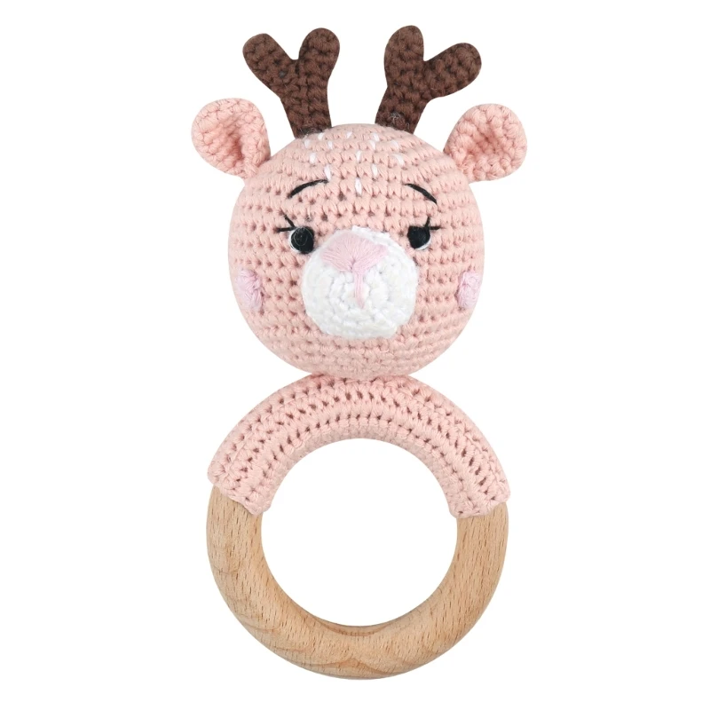 

Wood Baby Toy Cotton Crochet Bunny Teething Ring- Teether Rattle for Newborn Unisex Baby Shower- Gift for Babies Durable