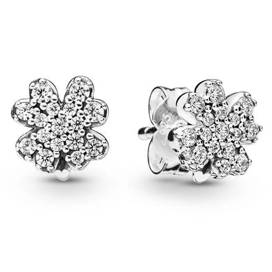 

Authentic 925 Sterling Silver Sparkling Radiant Lucky Four-leaf Clover Crystal Stud Earrings For Women Wedding Fashion Jewelry