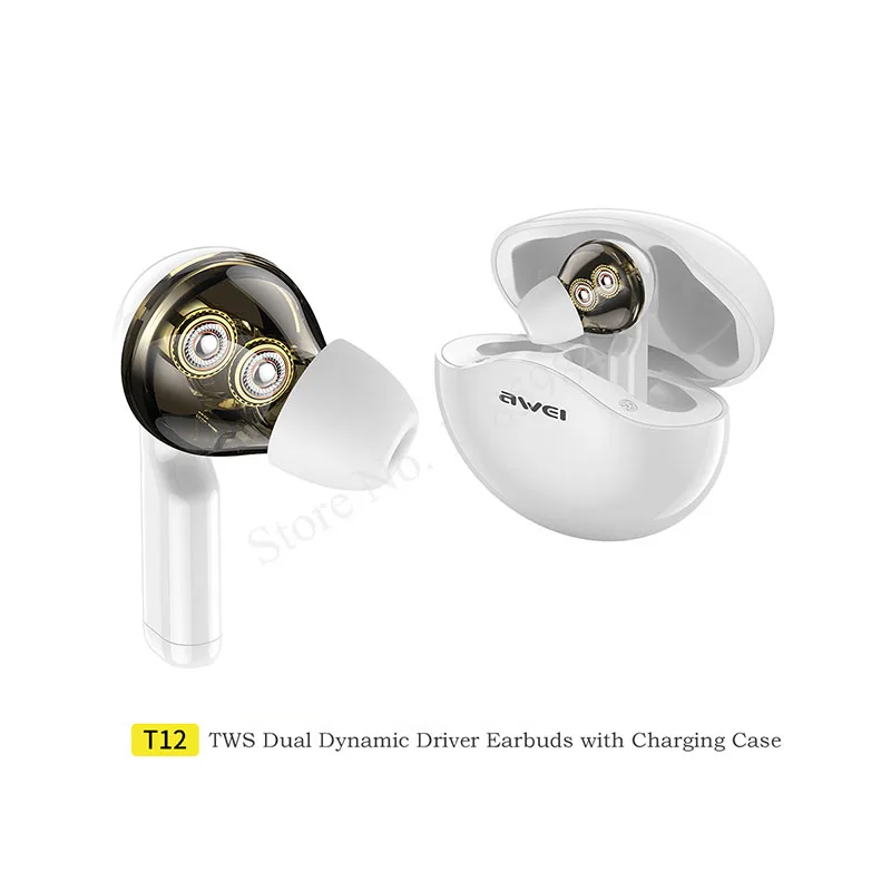 

AWEI T12 TWS Bluetooth 5.1 Наушники-вкладыши с мини-сенсорным экраном Спортивные музыкальные стереонаушники HIFI True Wireless + 390 мАч Зарядное устройство