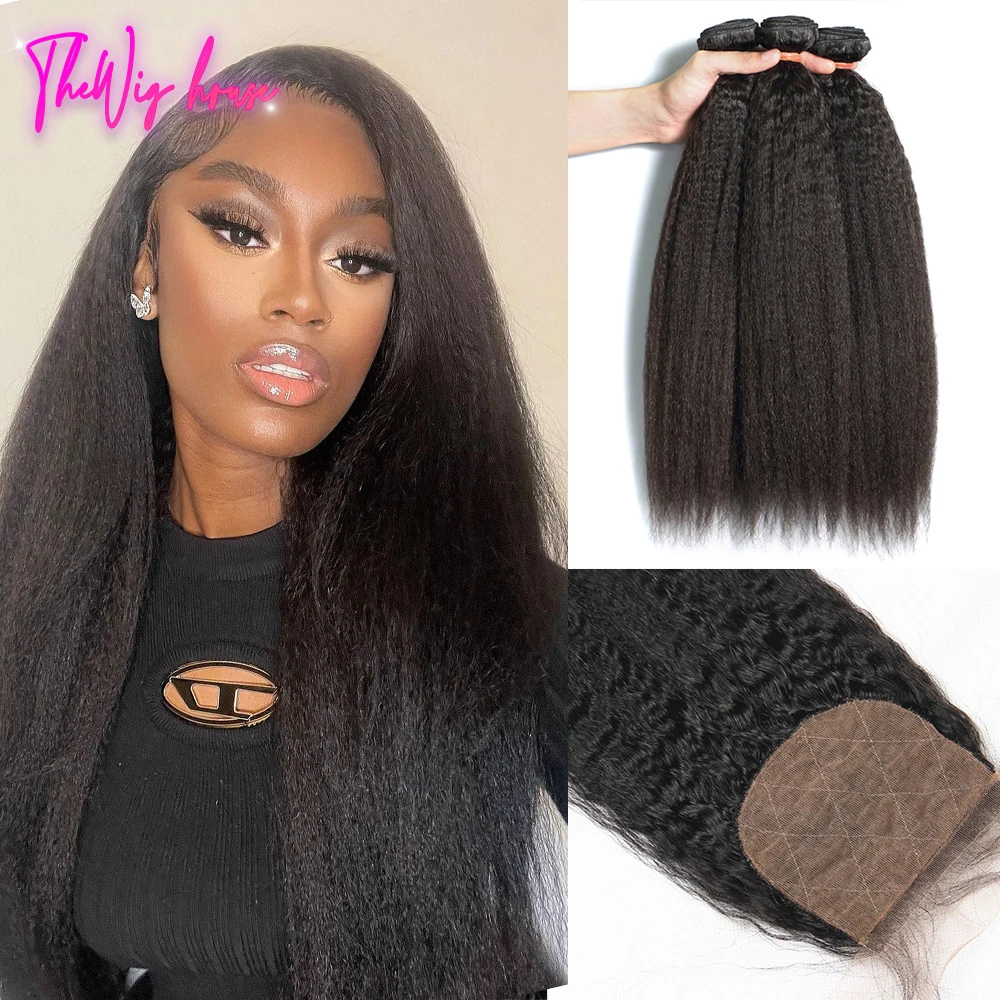 

Kinky Straight Closure And Bundles Brazilian Yaki Straight Wig With 4x4 Silk Base Closure Human Hair Remy Bundles With Closure