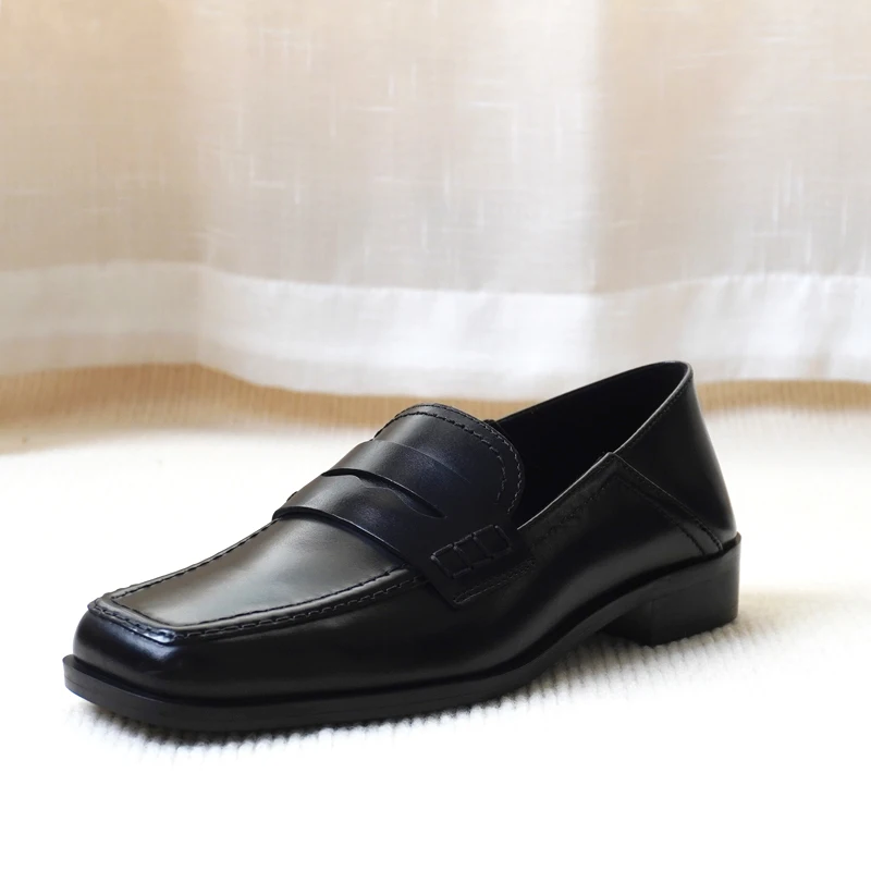 Elmsk Fashion Square Toe Genuine Leather Shoes Loafers Women Retro Solid Slip-On Flat Shoes