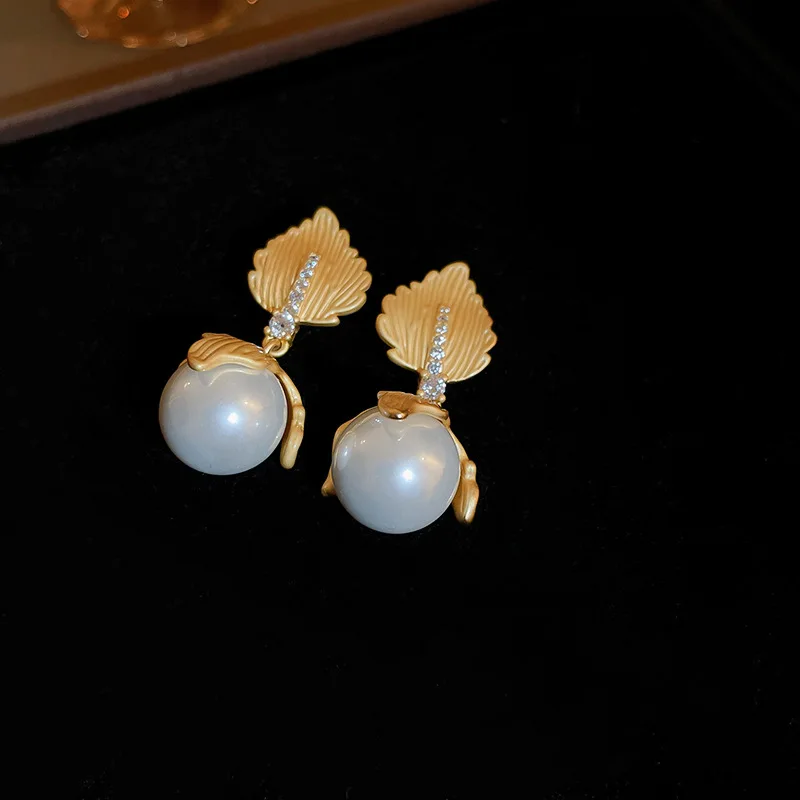 

Minar Unique Design Round Simulated Pearl Dangle Earrings for Women Gold Color Metallic Leaf Drop Earrings Every Day Jewelry