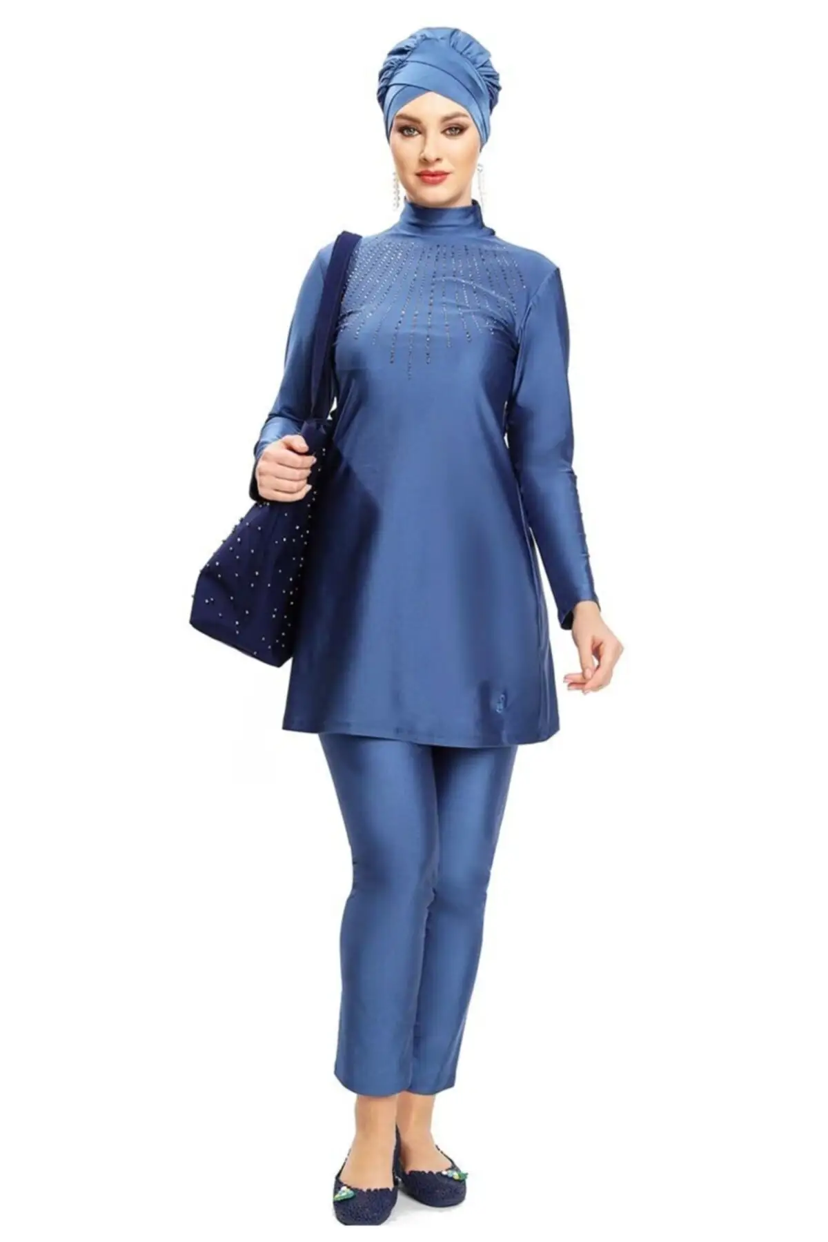 

Muslim Burkinis Long Sleeve Indigo Swimwear Modest Summer Clothing Hijab Sport Swimsuit Islamic Full Cover